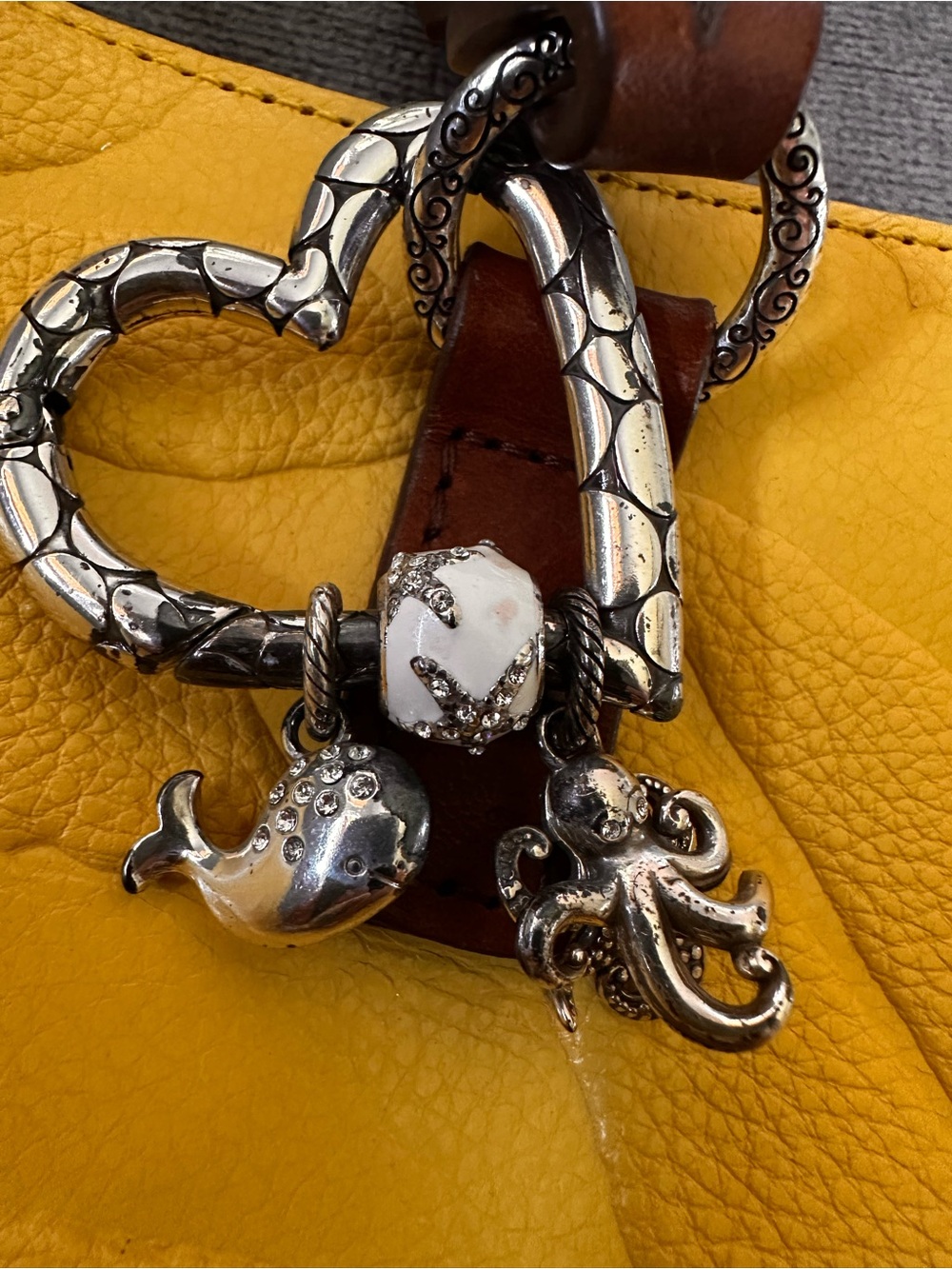 Brighton Yellow Floral Embossed Tote with Brown Braided Handles - Picture 3 of 4